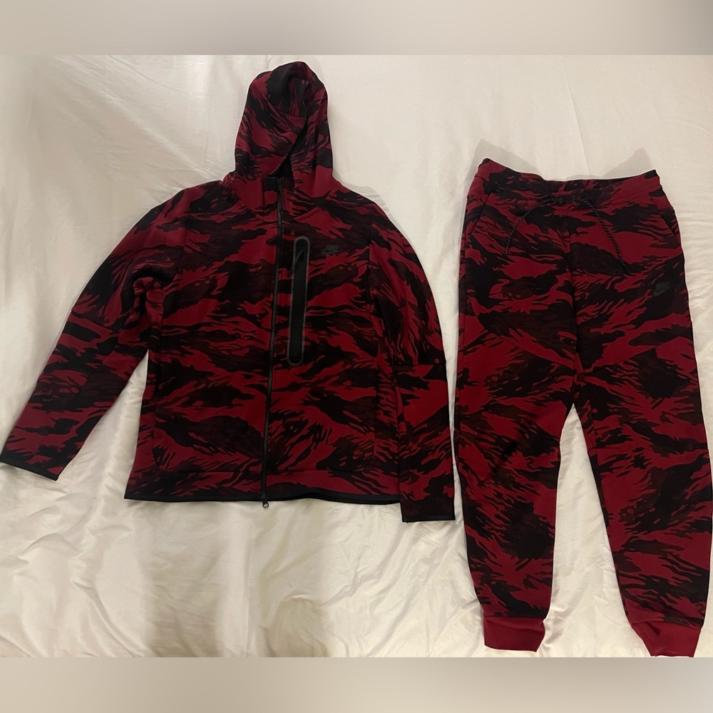 Red and Black Camouflage Hoodie and Joggers Set